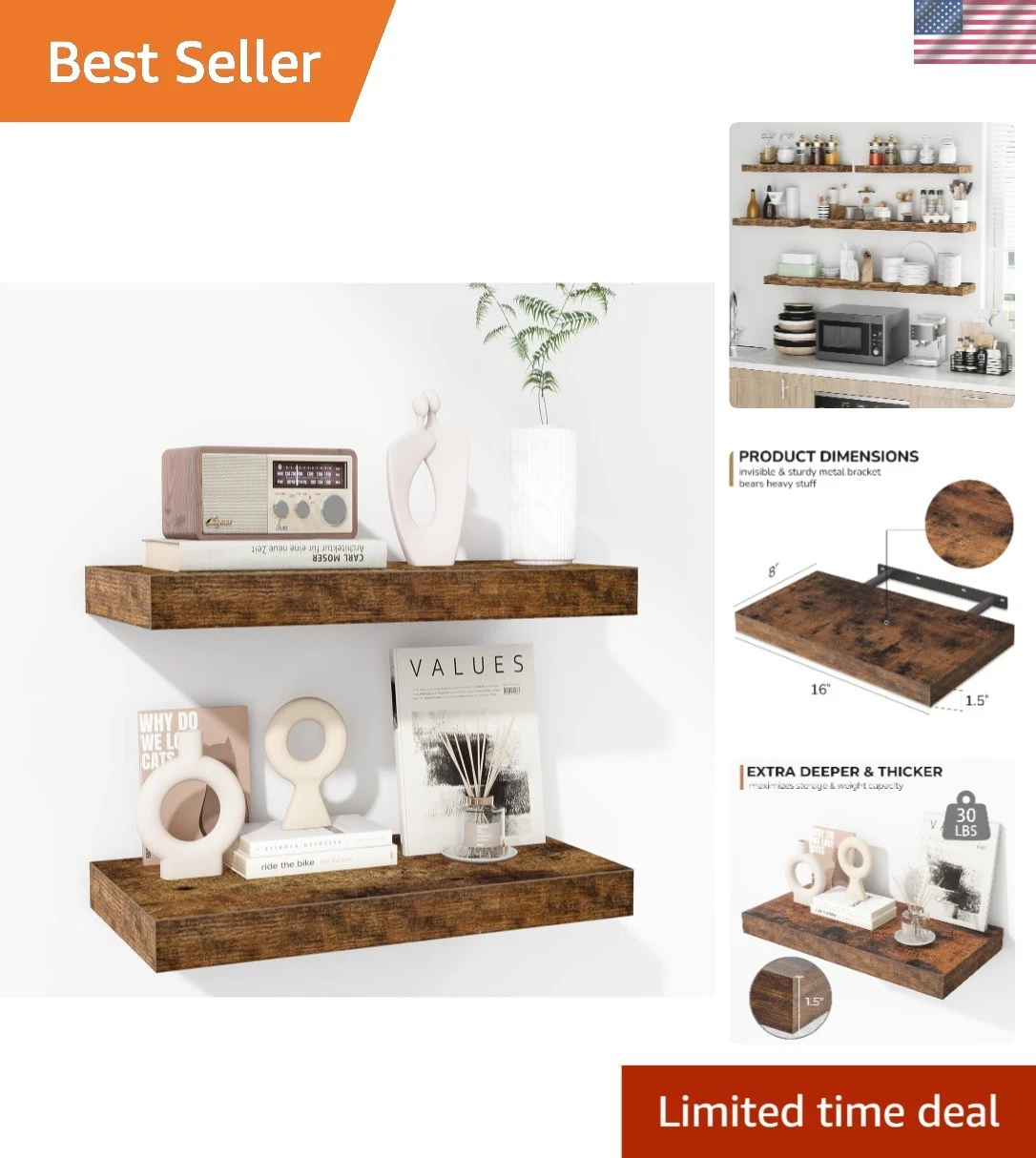Space-Saving 16 Inch Wall Mounted Rustic Shelves - 2 Pack, Perfect for Any Room