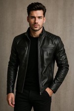 Men's Black Biker Leather Jacket Real Leather Slim Fit Classic Motorcycle Style