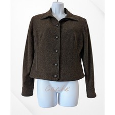Cache Brown Tweed Jacket Blazer Size 8 Genuine Leather Trim Button Front
