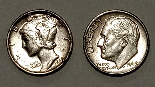 New ListingPAIR 90% Silver Dimes 1943 Merc. 62-D Roos. @ MELT*