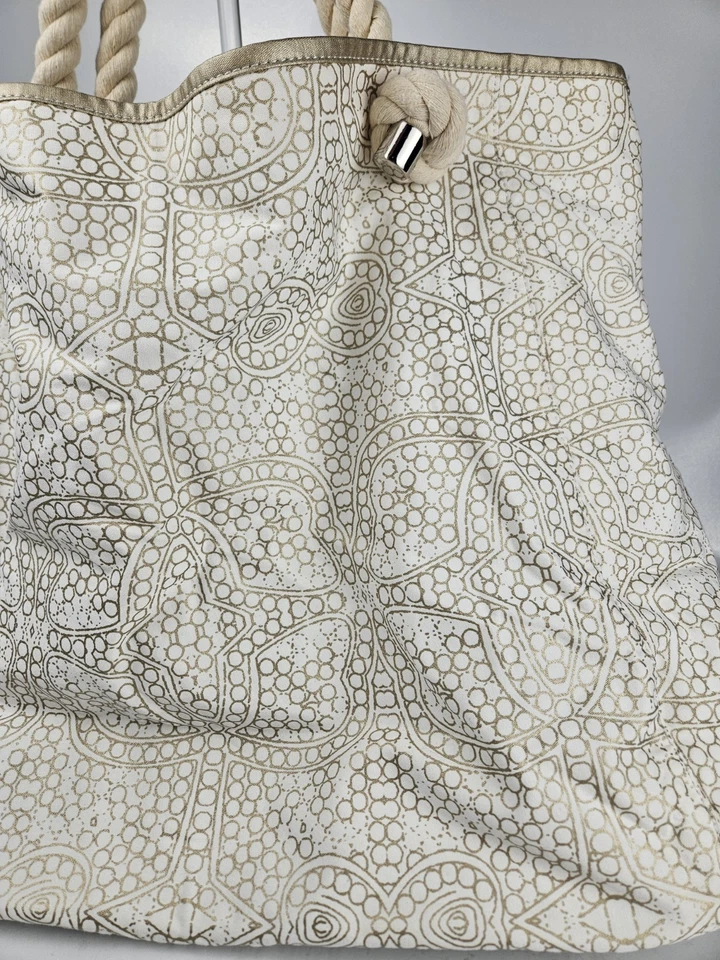 Donna Dixon Large Rope Handle Off-White & Gold Canvas Tote Bag - Image 4 of 4