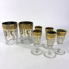 Rare Antique Moser Bohemian Czech 5 Cordial Glasses, 2 Tumblers Gold Gilt Enamel
