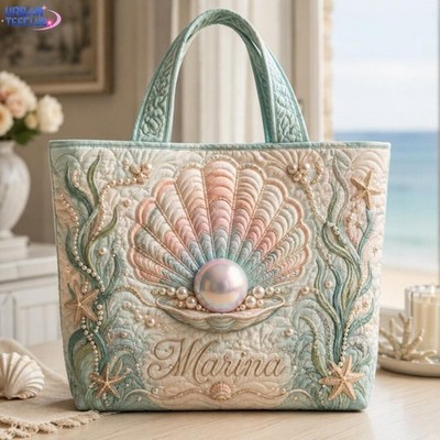 Custom Name Beach Quilted Tote Bag, Personalized Seashell Tote, Coastal Granddau
