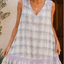 Free People Plaid Sleeveless Mini Dress Purple Crochet Lace Trim V-Neck Grey L