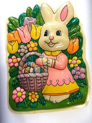 VTG Bunny Rabbit Easter Hanging Decoration Wall Decor Plastic Mold Eggs Tulips