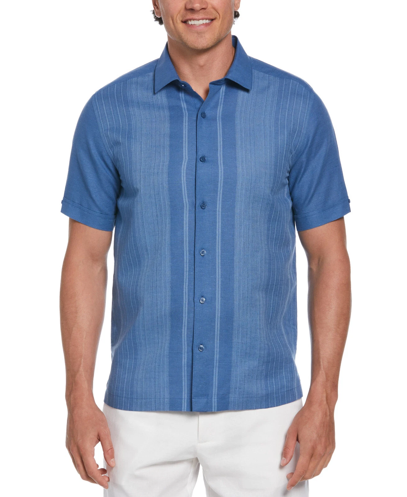 Cubavera Men's Linen Blend Gradient Panel Shirt, Dutch Blue, Small