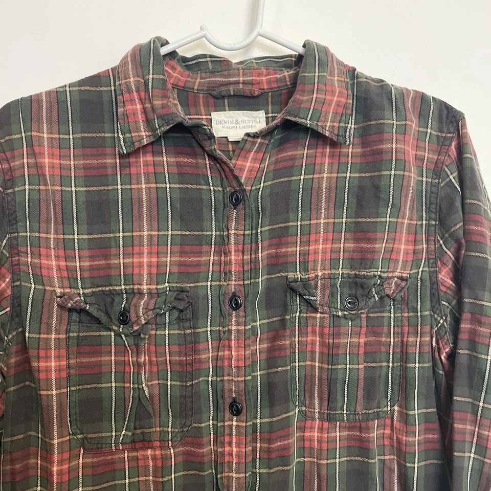 Denim & Supply Ralph Lauren Women Top Green Red Plaid Flannel Boyfriend Shirt M - Image 2 of 4
