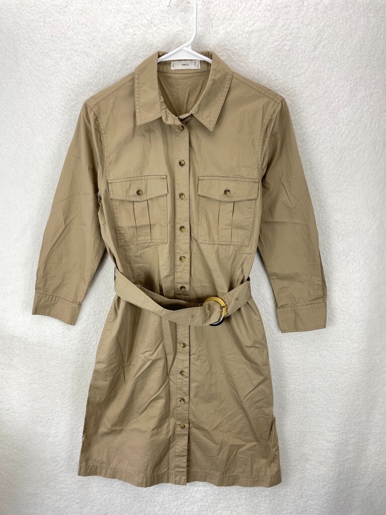 Mango Shirt Dress Women’s Size 4 Beige Robe Chemisier Belted Long Sleeve
