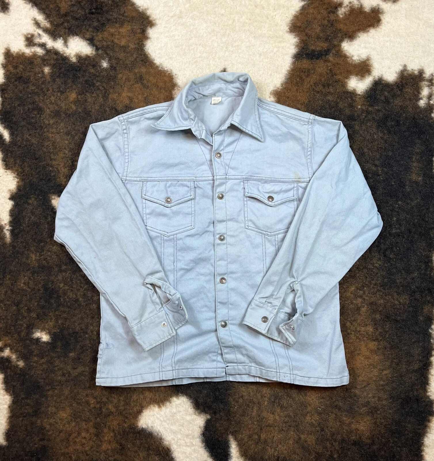 True Vintage 70s 80s Snap Button Denim Sky Blue Jacket Fit Like S/M @C