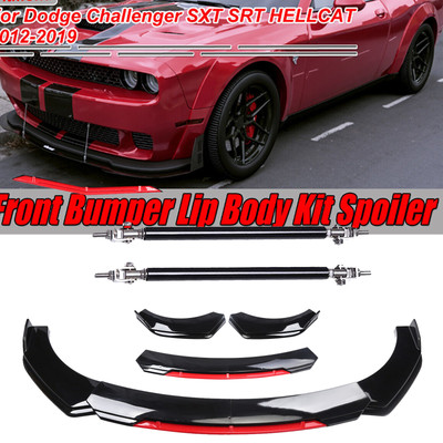 For Dodge Challenger SRT Front Bumper Lip Chin Splitter Strut Rods Glossy Black