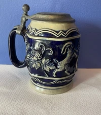 Vintage Gerz  German Beer Stein Mug Tankard Blue Goat Lidded Zinn Pewter EUC
