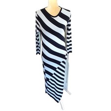NWT Bar III blue striped ribbed bias sweater dress midi rayon sz L fitted