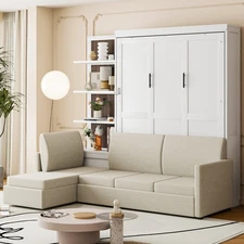 Queen Murphy Bed with Sofa & Shelves, White Space-Saving Wall Bed