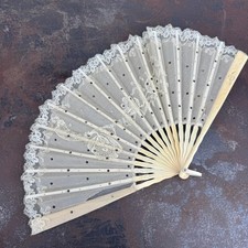 Antique Bone  White Lace Folding Hand Fan w/ Floral Pattern - 14" diameter