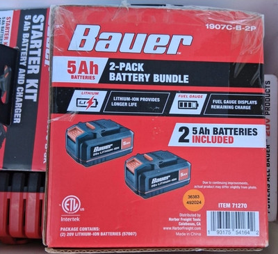 Bauer 20V 5Ah Lithium-Ion Battery 2-Pack Bundle, Model 1907C-B-2P, Black