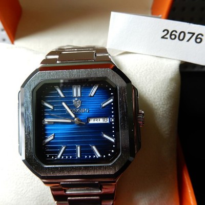 New! Longbo Men's Quartz Watch-ALL STAINLESS, Blue Dial, Day/Date, 42mm