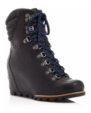NWT $300 SOREL Conquest Lace Up Wedge Booties WATERPROOF LEATHER BLACK 8 (TPO11)