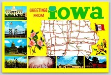 Postcard Iowa Greetings From Map Flag Goldfinch Wild Rose Capitol Bridge Corn