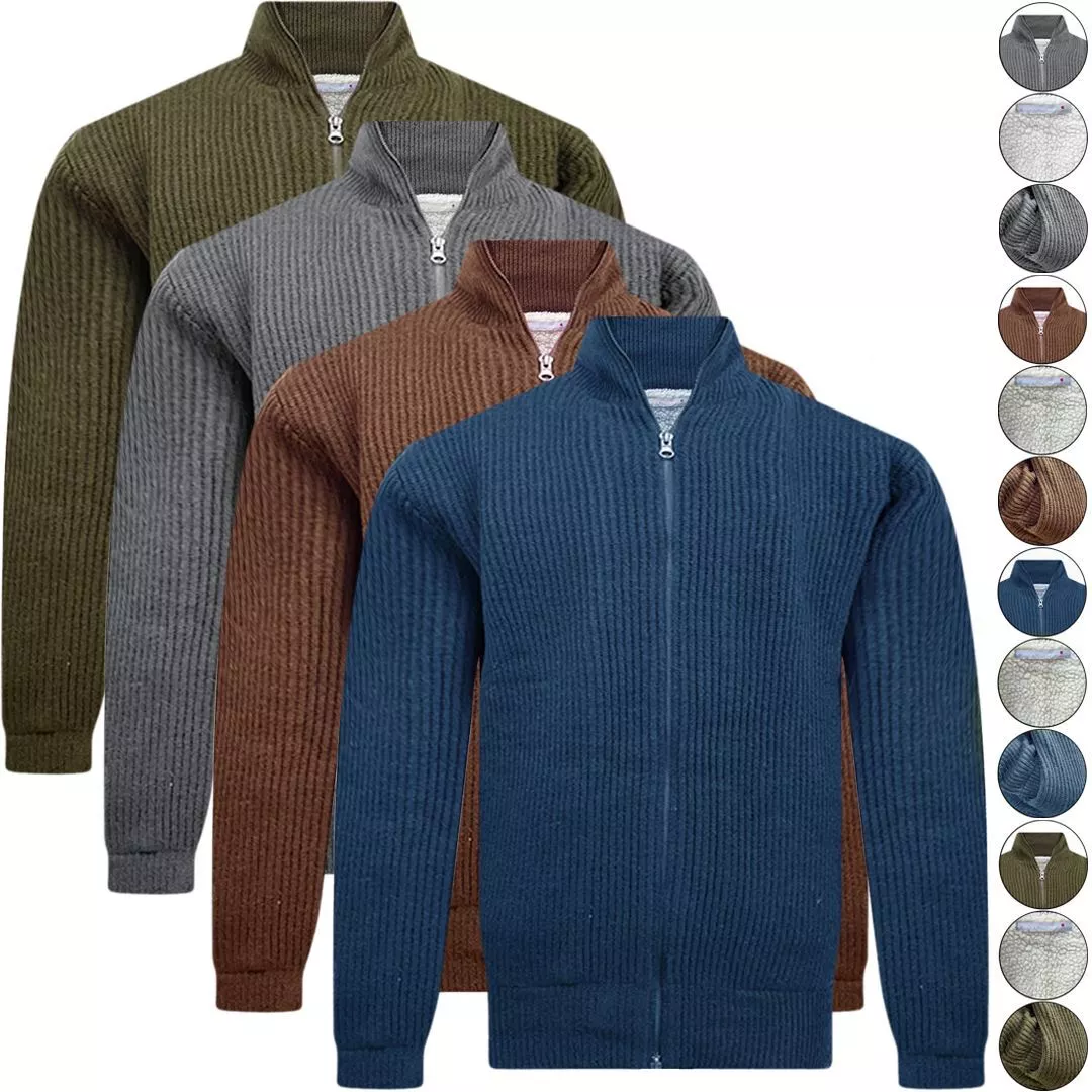 Ex M S Mens Sherpa Fleece Lined Knitted Zip Up Thick Warm Chunky Cardigan