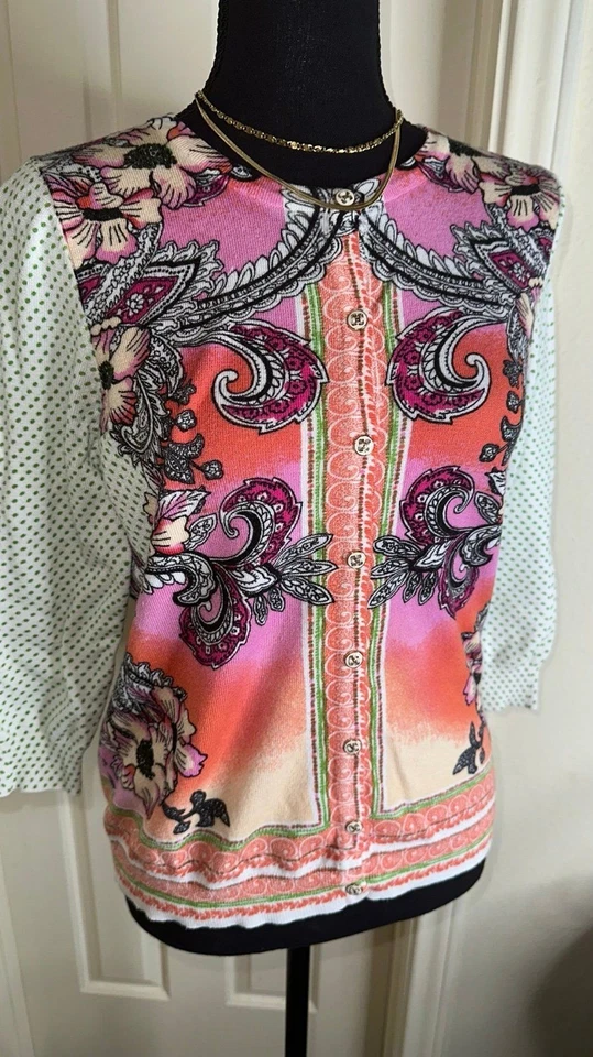 Cardigã Joseph A anos 80 rosa paisley abstrato bolinhas botão para cima tamanho pequeno - Imagem 3 de 4