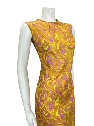 ABITO TUBINO VINTAGE ANNI 60 MOD GOGO ARANCIONE GIALLO VIOLA PSICHEDELICO VORTICE 10 - Foto 7 di 10