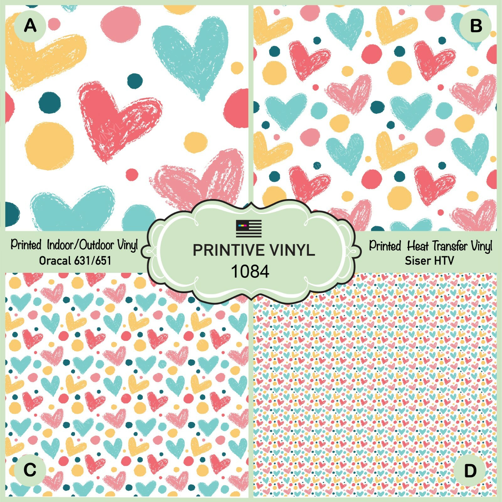Valentines Pastel Heart Patterned HTV, Adhesive Vinyl, Heat Transfer Vinyl 1084