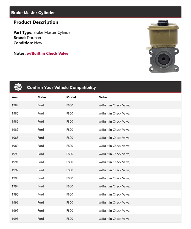 Cilindro maestro de freno para Ford F800 Dorman 1984-1998 1985 1986 1987 1988 1989 Foto 2 de 4