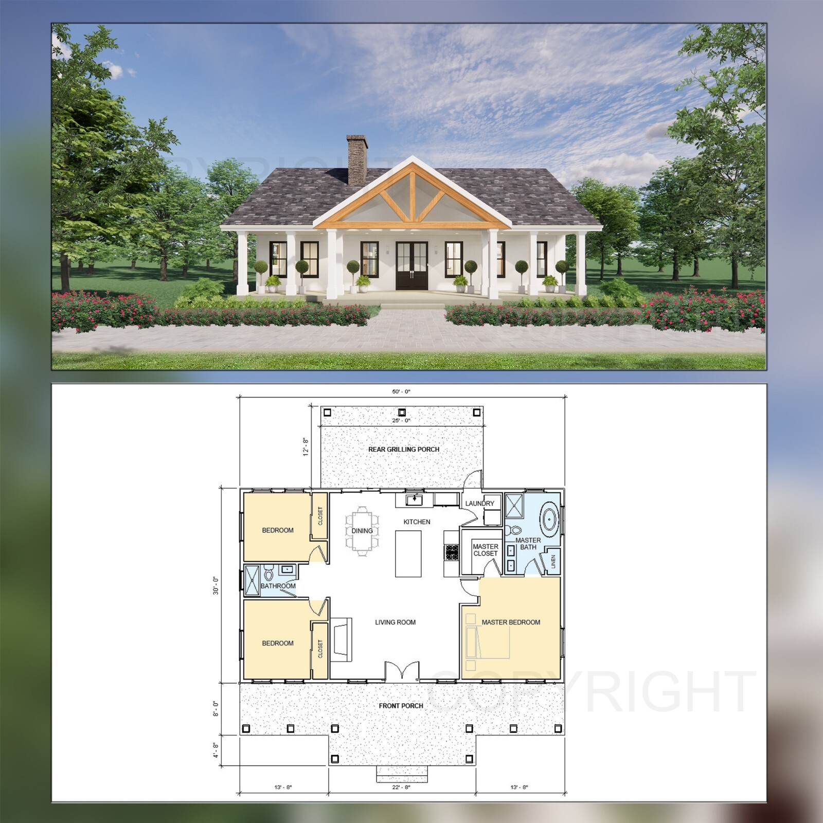 Custom House Design - Modern Ranch Farmhouse 1500 SF - Drawing Blueprint -  custom drawings, image size:1600x1600
