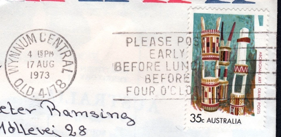 Australia 35c 1973 arte aborigen tumba correo aéreo Wynnum QLD a Dinamarca + eslogan Foto 2 de 3