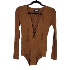 Reformation womens large avalon cocoa brown ribbed long sleeve bodysuit plunge