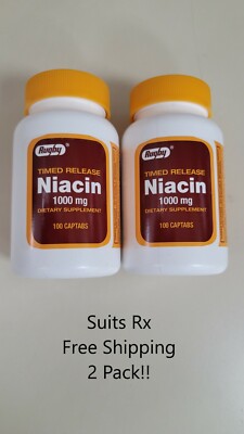 Niacin 1000mg Timed Released Tablets ( Rugby ) 100ct = 2 pack ( 200 tabs )