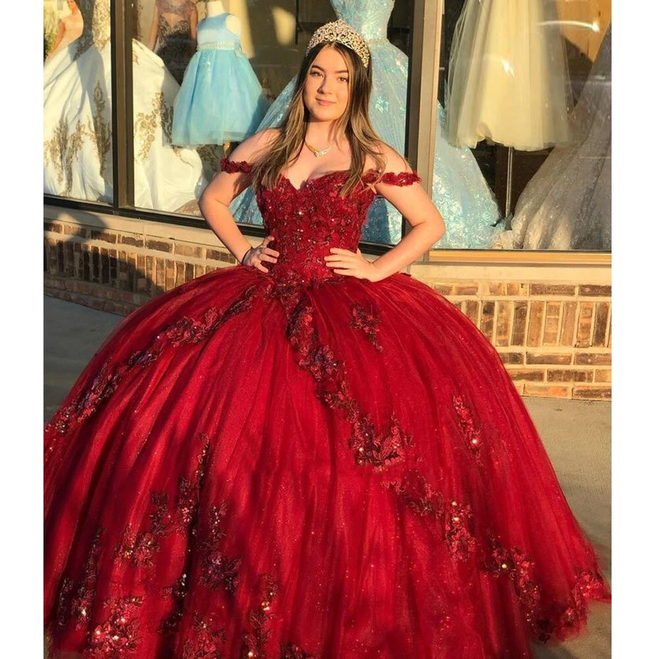 Vestido Rosa Roja Quinceañera Princesa Dulce 16 Cuentas 3D Flor Fiesta Vestidos de Baile Foto 3 de 4