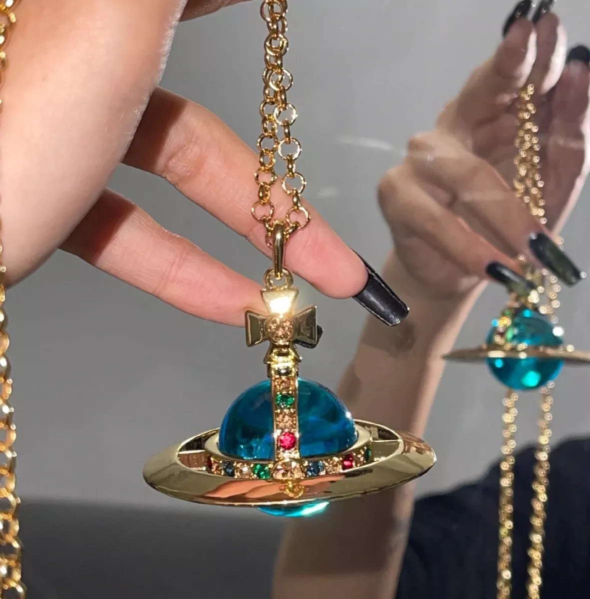 Vivienne Westwood Nana giant blue crystal 3D orb gold tone Necklace