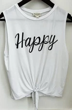 Dirtee Laundry Women’s “Happy…” 94% Cotton Sleeveless Tied Front T Shirt Size S