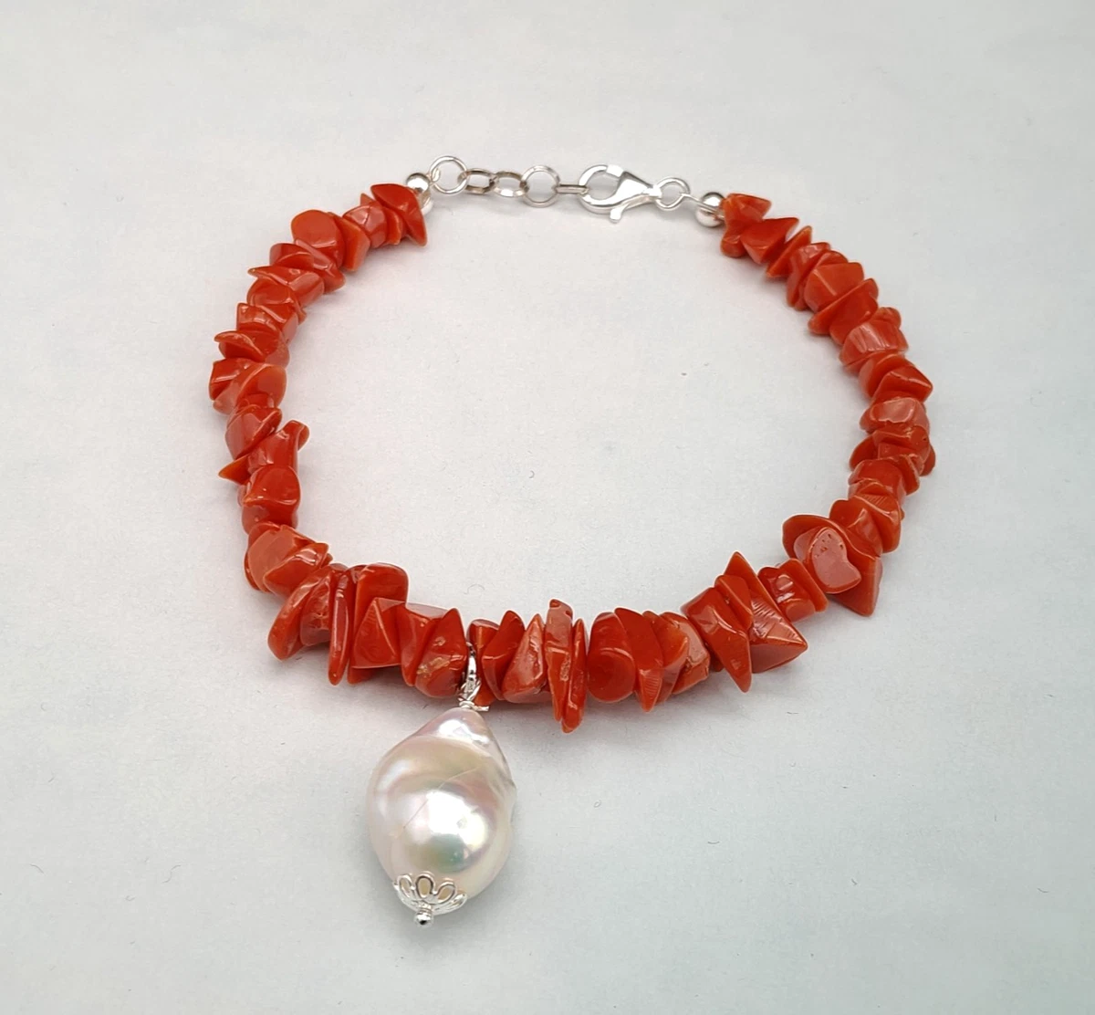 Bracelet Bijou Fait Main Argent 925 Corail Rouge Synthétique - Réglable
