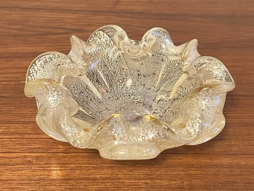 Vintage Murano Venetian Ruffled Petal Bowl Silver Gold 5.5” Art Glass