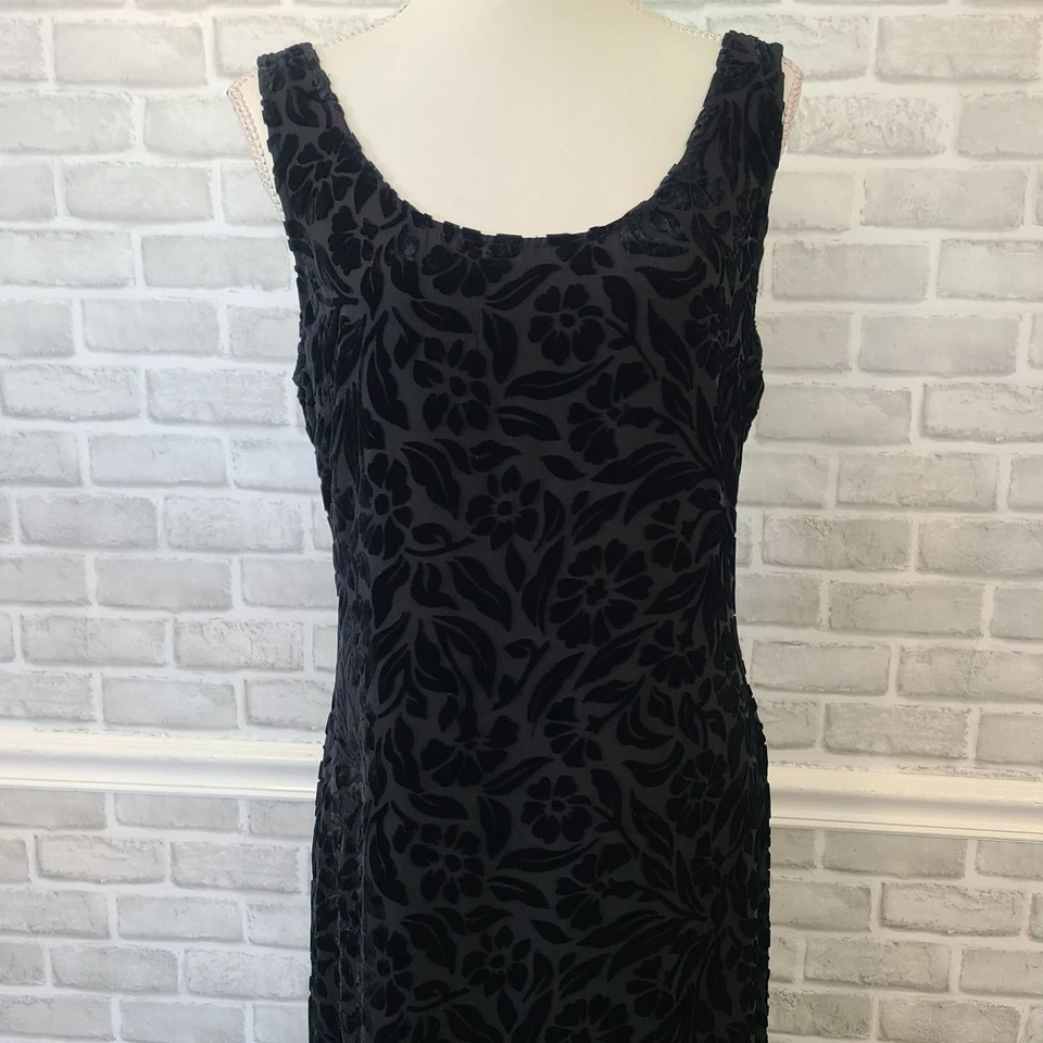 Vintage Express Y2K 90s Black Velvet Floral Burnout Shift Dress Silk Whimsygoth - Image 2 of 4