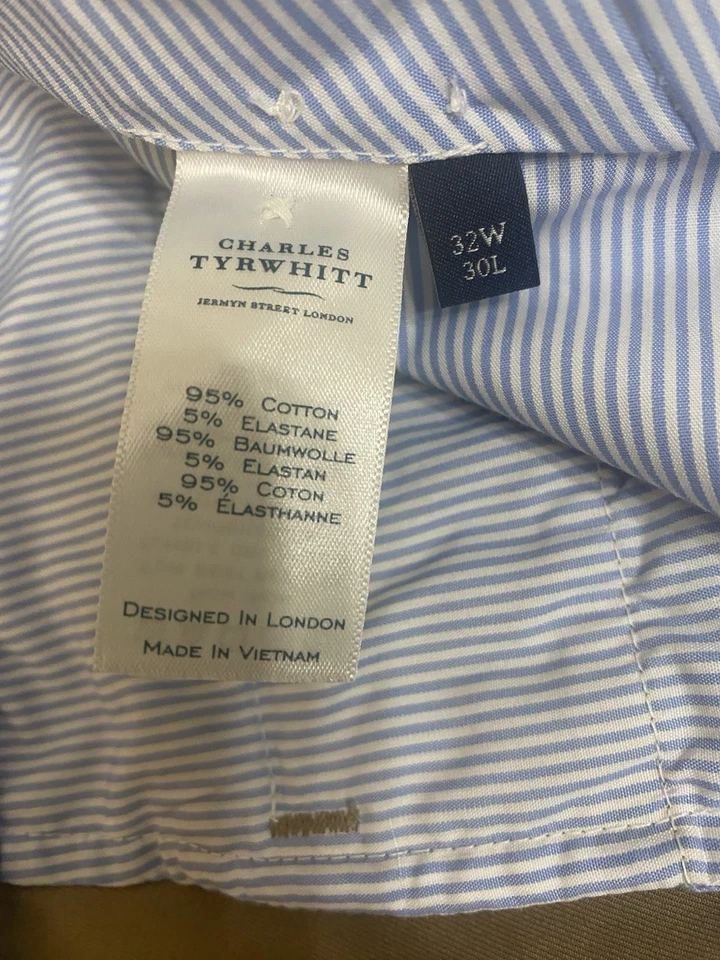 Charles Tyrwhitt 经典合身休闲裤男式 32x30 卡其色非铁质弹力 — 第 4/4 张图片