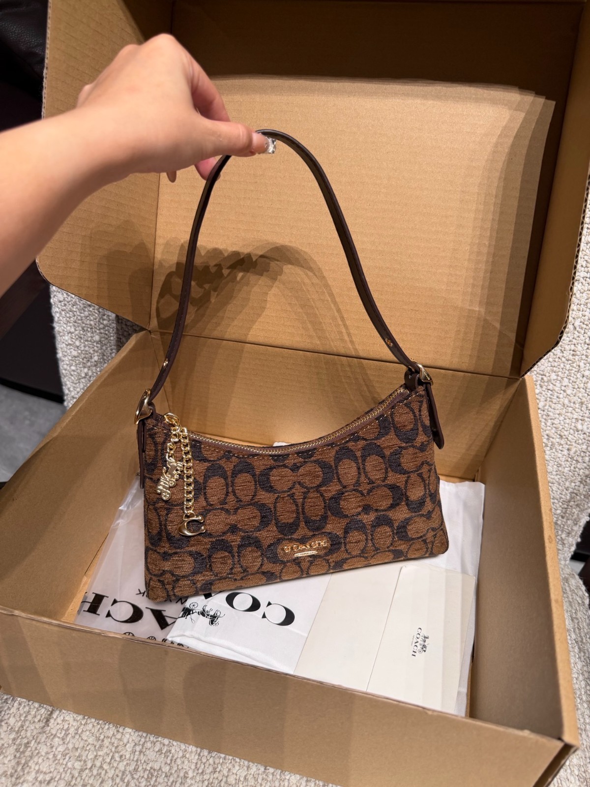 NWT CFN74 Emeilia Shoulder Bag In Signature Chenille Truffle