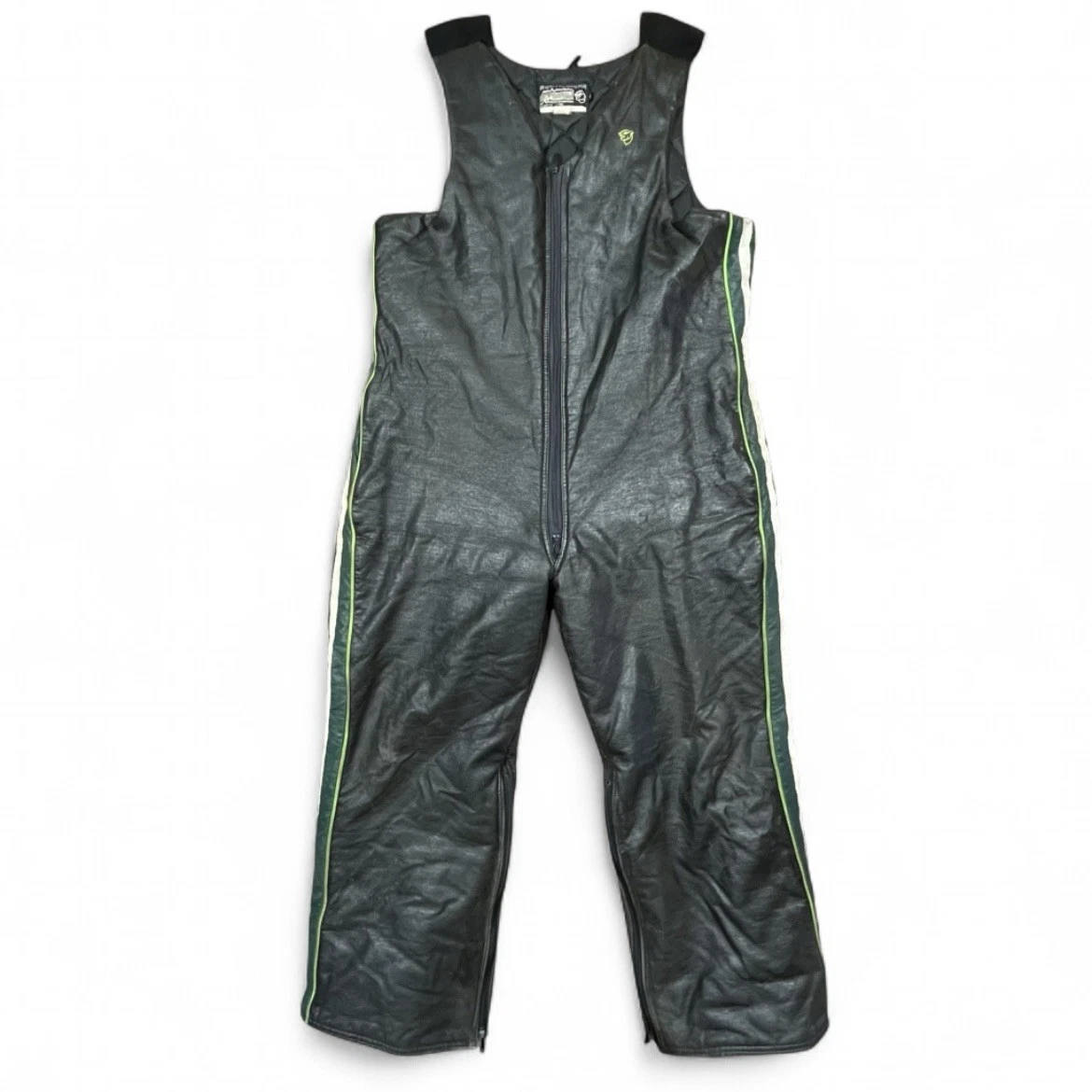 1970s Arctic Wear Faux Leather Insulated Snowmobile Bibs Green Trim XL