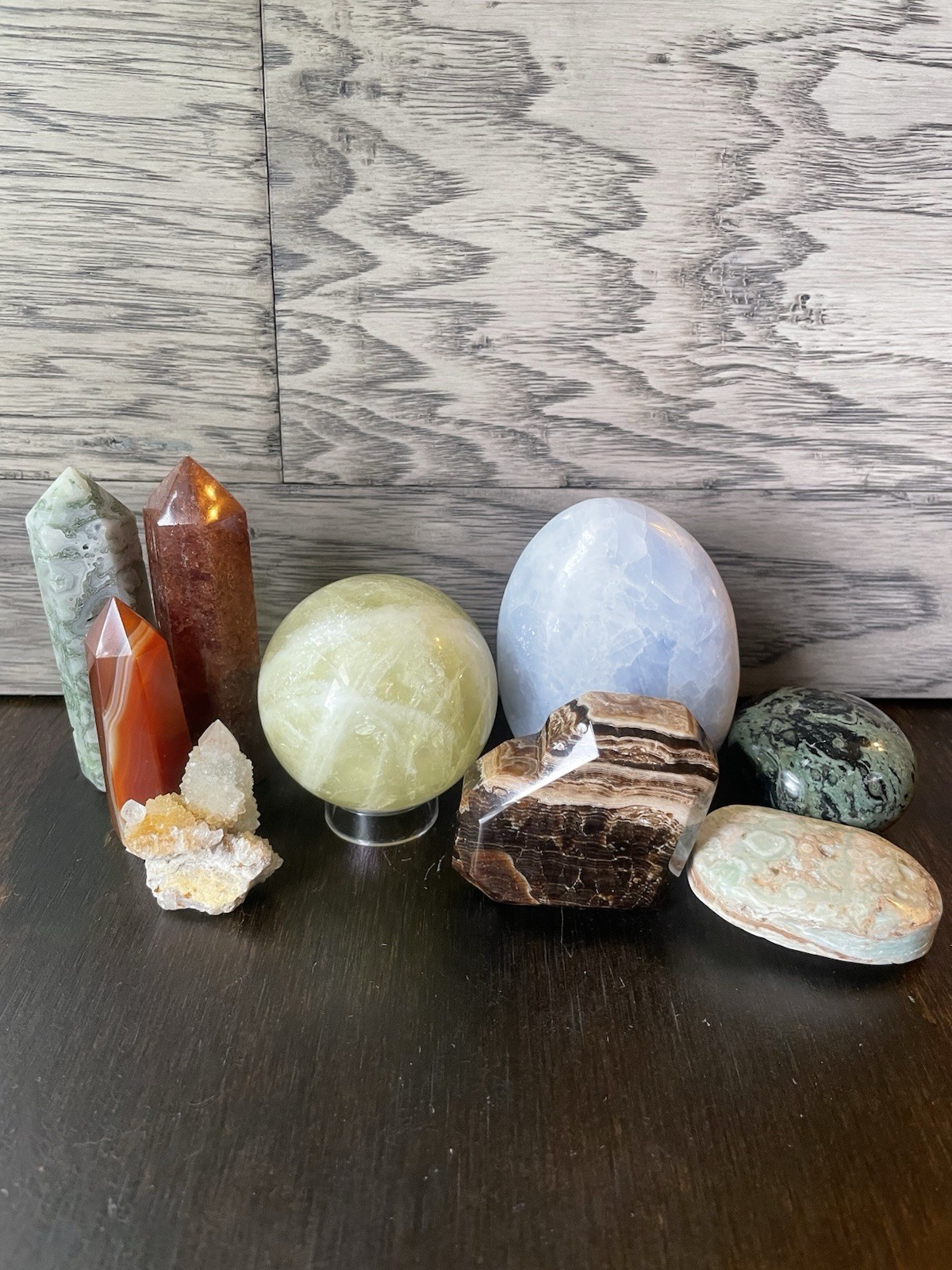 9pcs Crystal Set with Spheres, Towers, Freeforms, Clusters & Palm Stones