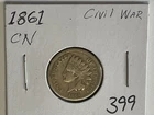 1861 Indian Head Cent Penny Civil War Era CN Variety Coin Antique Original Coin