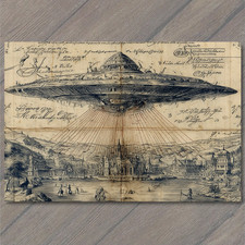 PEGATINA OVNI Platillo Volador Flotando Sobre Ciudad Vieja Vintage Manuscrito Estilo Dibujo