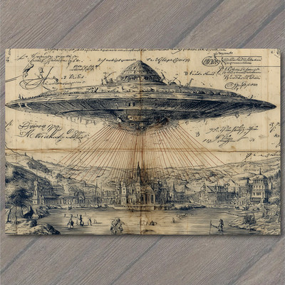 STICKER UFO Flying Saucer Hovering Over Old City Vintage Manuscript Style Draw