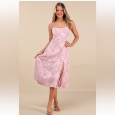 Lulus Loveliest Looks Blush Pink Floral Jacquard Tie-Strap Midi Dress Size Large