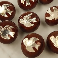 10 Antique Victorian Czech Cased Glass Silver Foil Bird Sparrow Button 8mm Round