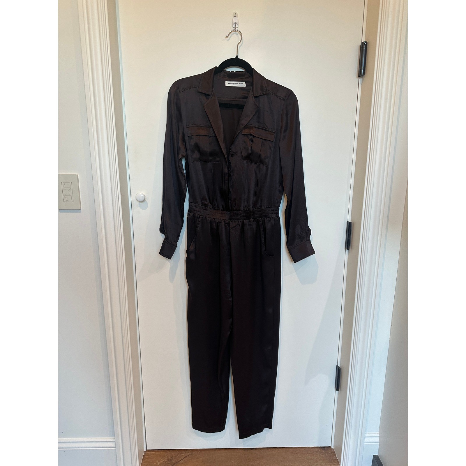 Amanda Uprichard Silk Jumpsuit Brown Long Sleeve Elastic Waist Size S