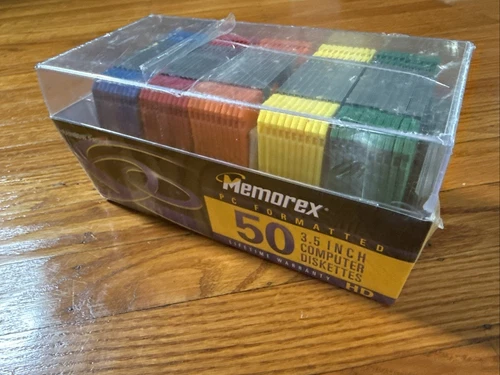 New Memorex PC Formatted 3.5" HD  Computer Diskettes Rainbow 50 Pack Film Box