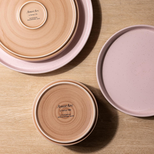 Ceramic Dinnerware Set for 4, Speckled Stoneware Plates & Bowls, 12-Pcs Pink - Picture 4 of 12