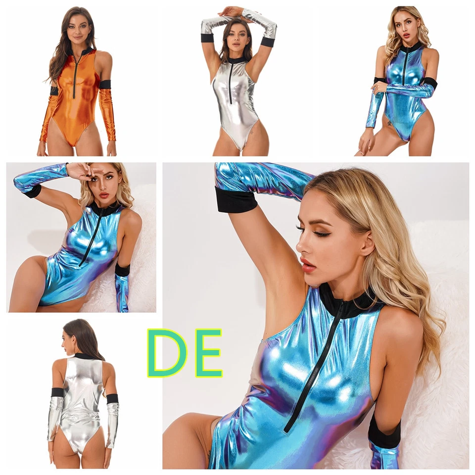 DE~Damen Wetlook Astronaut Kostüm Ärmellos Body Overall Einteiler Lack-Optik - Bild 2 von 3
